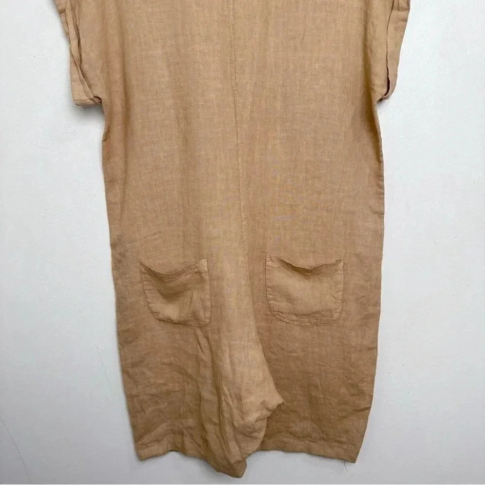 Made  In Italy Womens Medium Linen Vneck Button Tan Romper - Picture 12 of 13